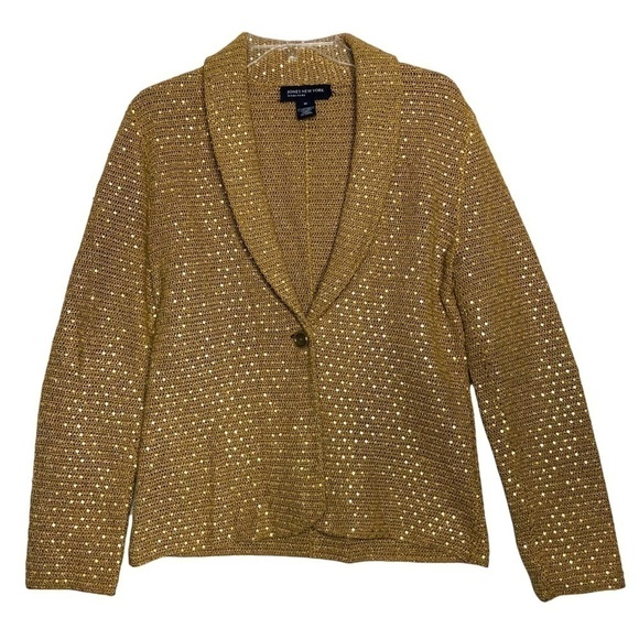 Jones NEW YORK SIGNATURE Cotton Gold Button Front Sequins Cardigan - Size Medium - Picture 1 of 6